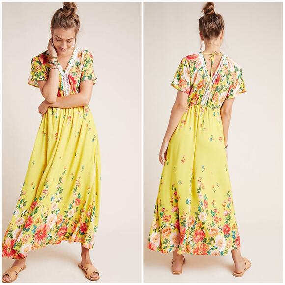 Farm Rio x Anthropologie Samara Floral Maxi Dress Yellow - Picture 1 of 10